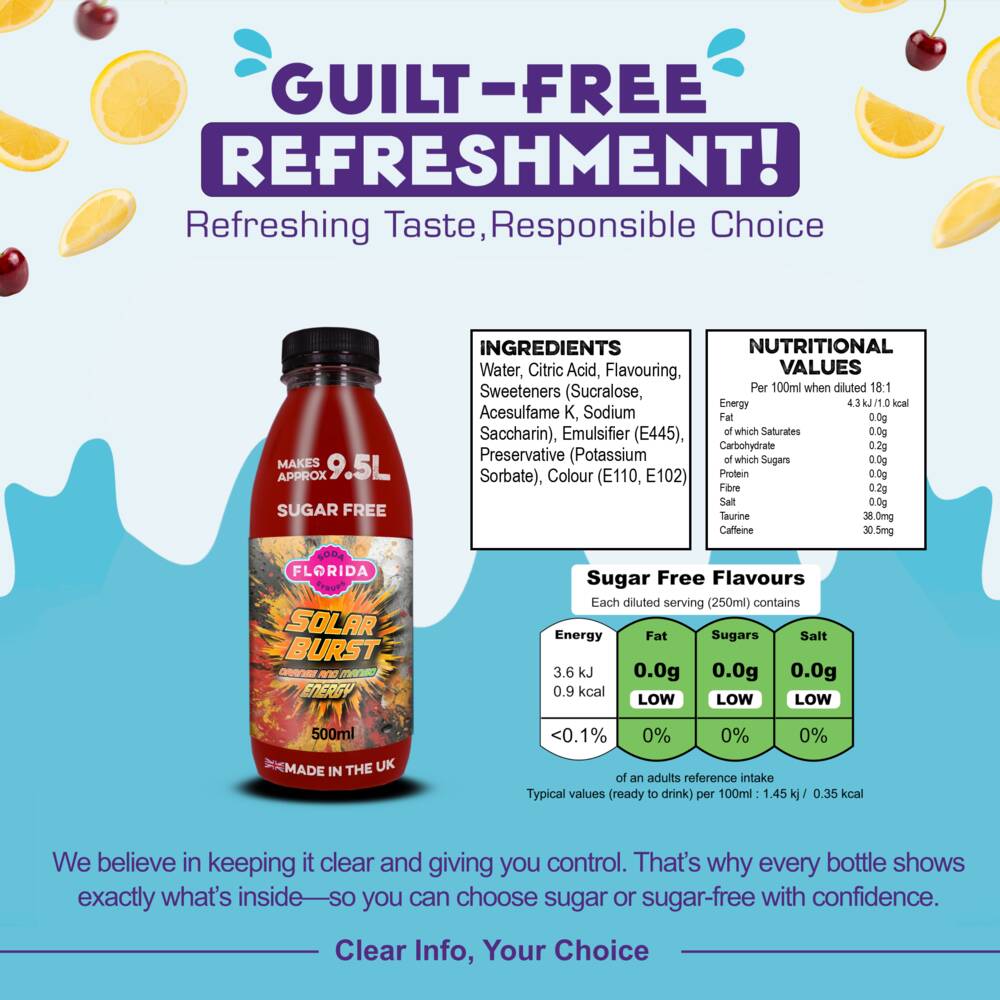 Bottle of 500ml Sugar Free Orange Soda Stream Energy Drink with Ingredients and Nutritional info