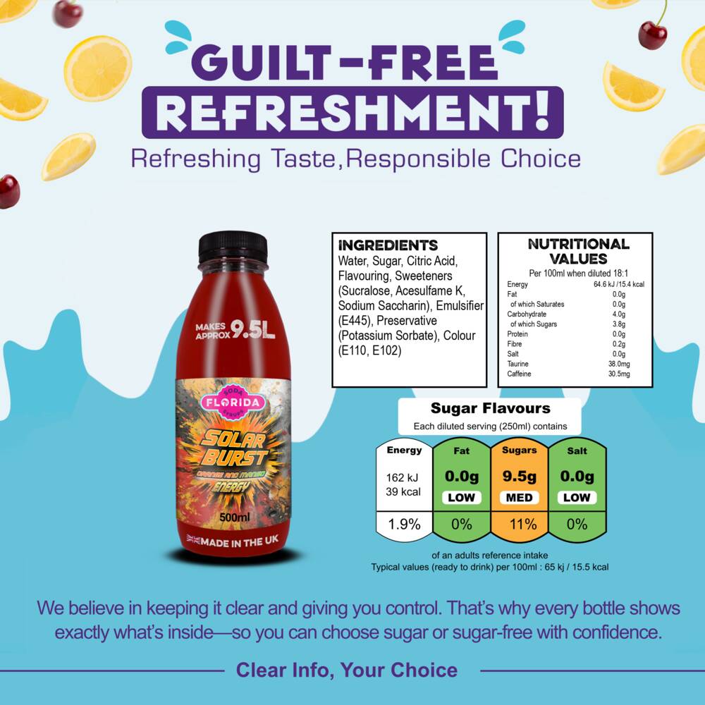 Bottle of 500ml Orange Soda Stream Energy Drink with Ingredients and Nutritional info