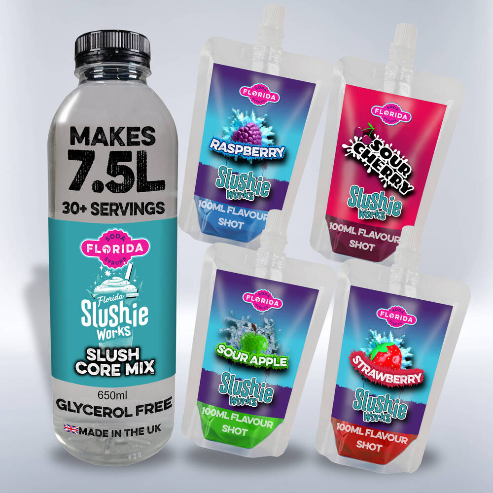 1 Large 650ml Bottle and 4 100ml colourful pouches of Ninja Slushie Syrup, Kids Classic Slush Flavours, Blue Rasberry, Strawberry, Sour Apple & Sour Cherry