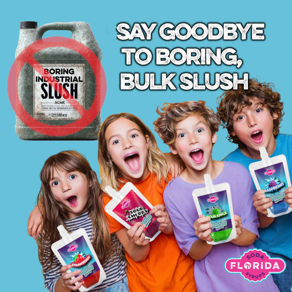 Happy Children holding four colourful pouches of Ninja Slushie Syrup, Kids Classic Slush Flavours, Blue Rasberry, Strawberry, Sour Apple & Sour Cherry