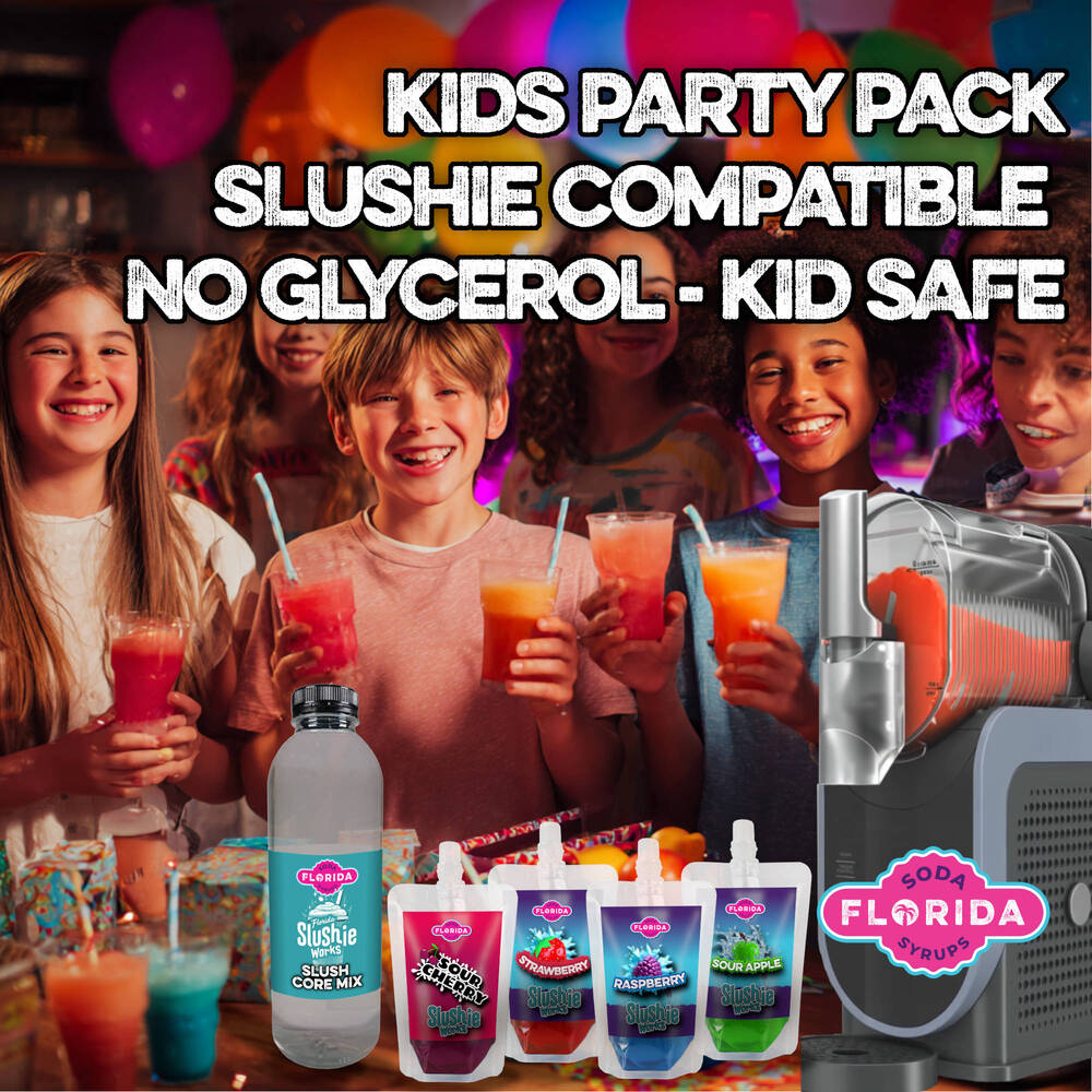 Happy Children at a party with a Ninja Slushie Machine holding four colourful pouches of Ninja Slushie Syrup, Kids Classic Slush Flavours, Blue Rasberry, Strawberry, Sour Apple & Sour Cherry