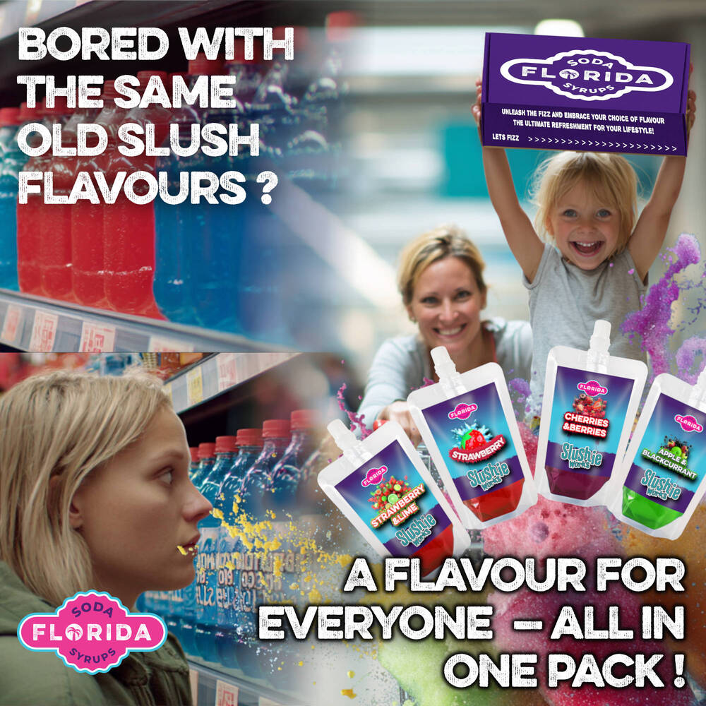 A young mother boring ninja slushie slush flavours on the left. In contrast a very happy young mother leaving a supermarket pushing a supermarket trolley with a child, the child is holding a pack fo Ninja Slushie syrups with both hands, whilst smiling gleefully.