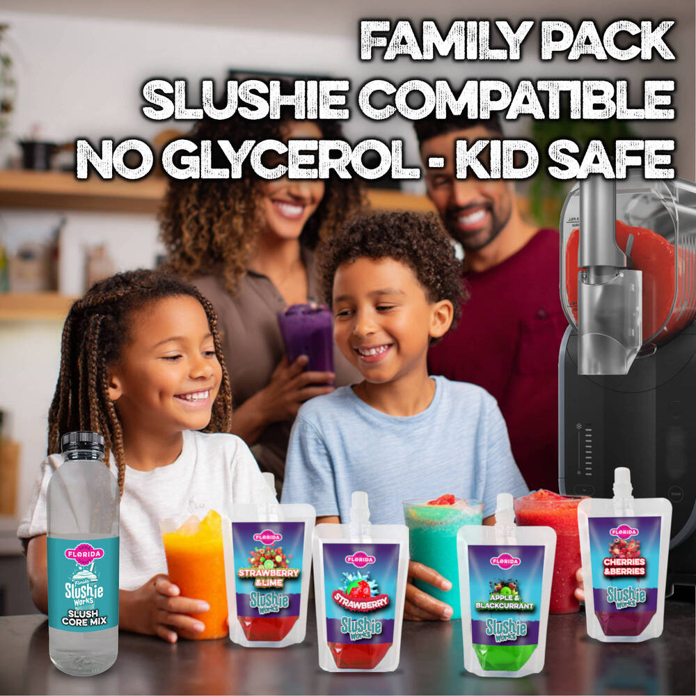 Happy Fampliy in the kitchen with a Ninja Slushie Machine holding four colourful pouches of Ninja Slushie Syrup, Family Ninja Slushie Slush Flavours, Strawberry, Cherries & Berries, Apple & Blackcurrant, Strawberry & Lime