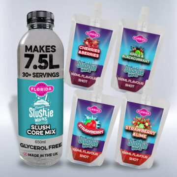 1 Large 650ml Bottle and 4 100ml colourful pouches of Ninja Slushie Berry Bliss Slush Flavours, Strawberry, Cherries & Berries, Apple & Blackcurrant, Strawberry & Lime