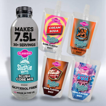 1 Large 650ml Bottle and 4 100ml colourful pouches of Ninja Slushie Retro Soda Shop Slush Flavours, Cream Soda, Iron Brew, Cola & Bubblegum