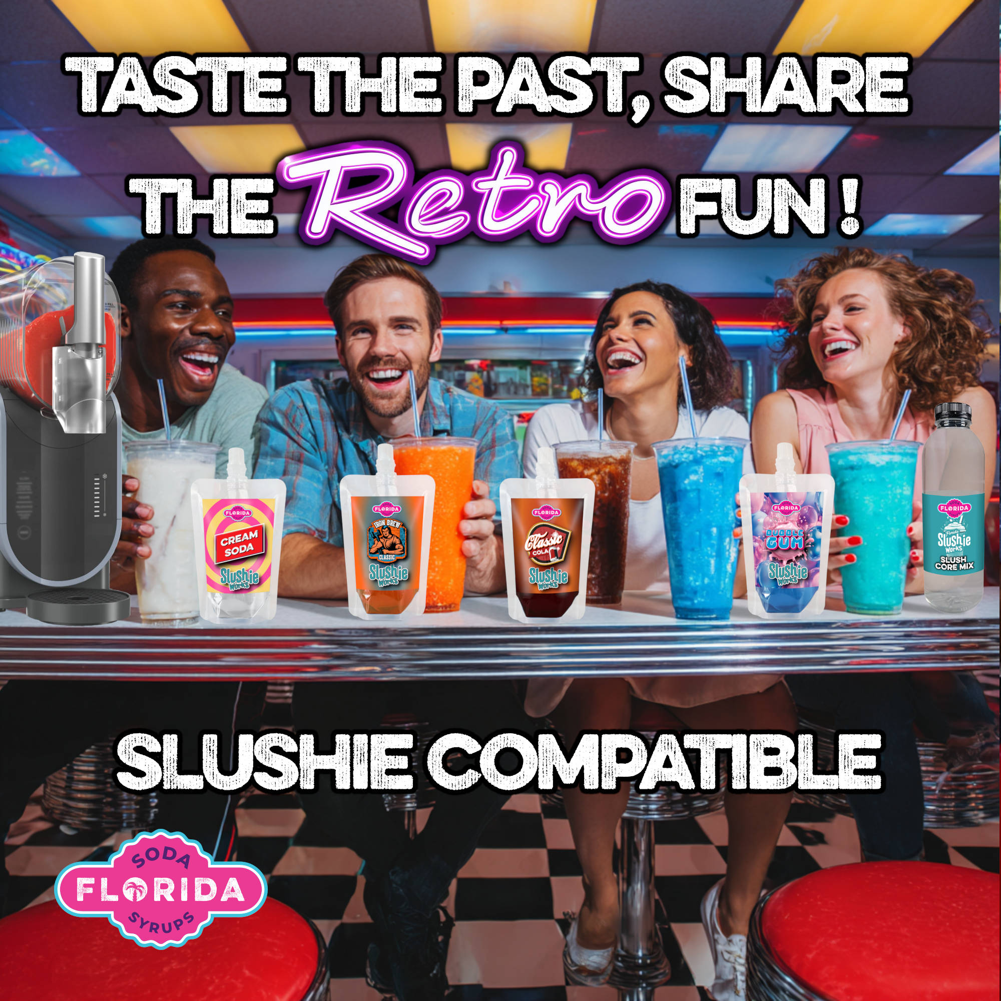 Group of happy adults in a retro 1950s style diner kitchen enjoying vintage flavoured Ninja Slushies made with a Ninja Slushie Machine. Text at the top reads ‘Taste the past, share the retro fun’ and at the bottom ‘slushie compatible’. Four Ninja Slushie syrup pouches are shown beside the drinks in flavours Cream Soda, Iron Brew, Bubble Gum, and Classic Cola.