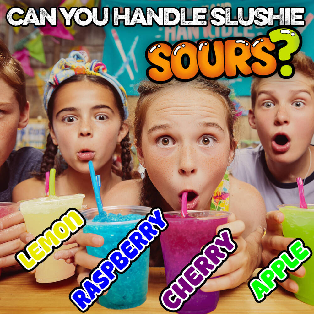 Group of happy children at a party enjoying sour slushies made with a Ninja Slushie Machine. Text at the top says ‘Can you handle the Slushie Sours?’. Drinks labelled with sour slush flavours – Lemon, Raspberry, Cherry, and Apple. Perfect sour slush syrup for Ninja Slushie Machines and kids’ parties.