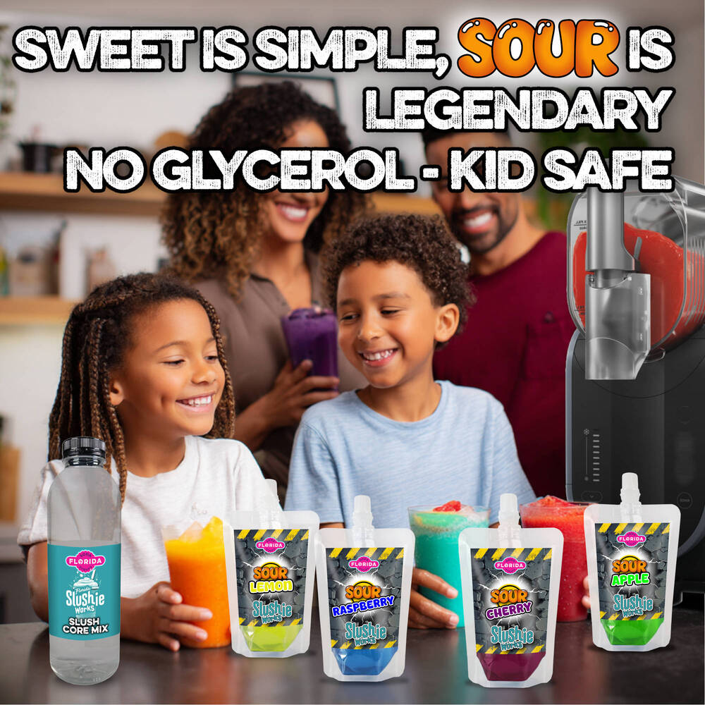 Happy family in the kitchen using a Ninja Slushie Machine with four colourful Ninja slushies. Family enjoying Ninja Slushie sour flavours – Sour Lemon, Sour Raspberry, Sour Cherry, and Sour Apple. Text at the top reads ‘Sweet is Simple, Sour is Legendary – No Glycerol, Kid Safe’. Perfect slush syrup compatible with Ninja Slushie Machine.