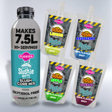 1 Large 650ml Bottle and 4 100ml colourful pouches of Ninja Slushie Retro Soda Shop Slush Flavours, Sour Lemon, Sour Cherry, Sour Apple, Sour Raspberry