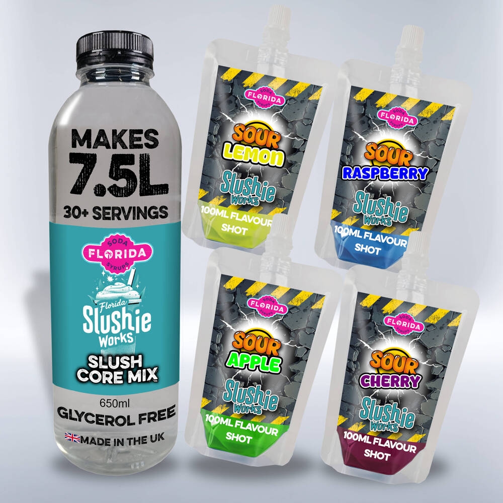 1 Large 650ml Bottle and 4 100ml colourful pouches of Ninja Slushie Retro Soda Shop Slush Flavours, Sour Lemon, Sour Cherry, Sour Apple, Sour Raspberry