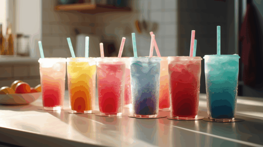 A bright and colourful kitchen with slush filled cups made by a ninja slushie machine