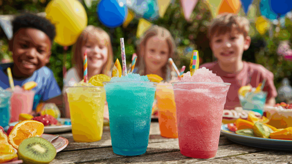 A kids birthday partying with colourful slush filled cups made by a ninja slushie machine