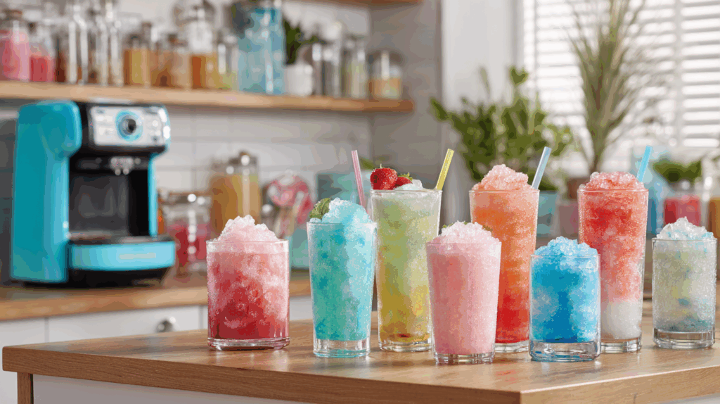 a colourful and inviting display of slush filled cups made by a ninja slushie machine