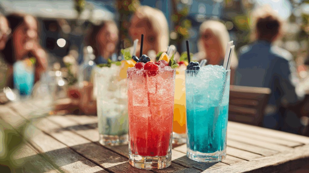an outdoor setting with slush filled cups made by a ninja slushie machine