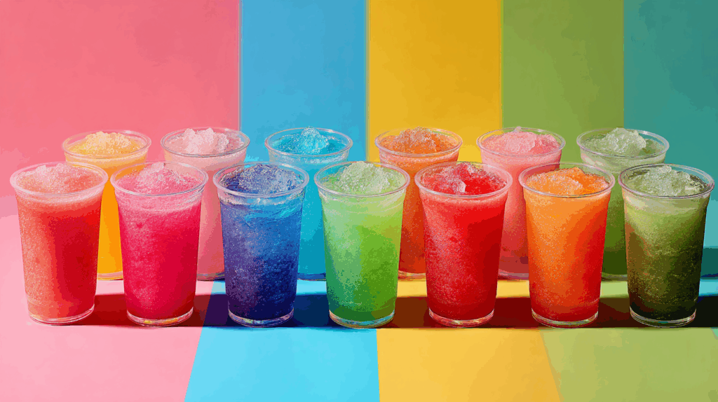 a colourful line of slush filled cups made by a ninja slushie machine