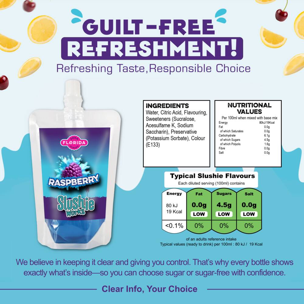 Single 100ml pouch of Blue Raspberry Ninja Slushi Syrup to the left, with a Blue colour, on two-tone blue background. With a list of ingredients, nutritional information and daily recommended intakes on the right