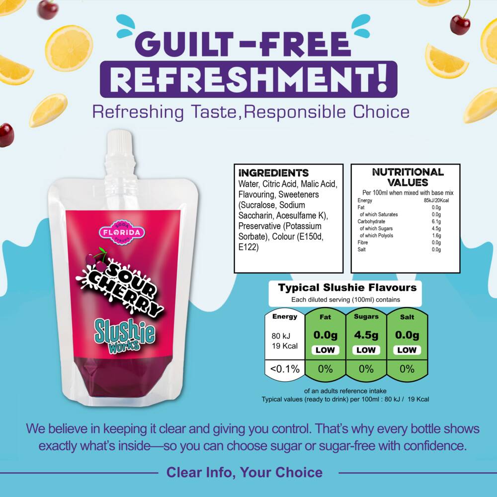 Single 100ml pouch of Sour Cherry Ninja Slushi Syrup to the left, with a Purple colour, on two-tone blue background. With a list of ingredients, nutritional information and daily recommended intakes on the right