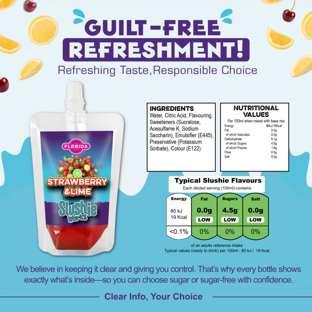 Single 100ml pouch of Strawberry & Lime Ninja Slushi Syrup to the left, with a Pink colour, on two-tone blue background. With a list of ingredients, nutritional information and daily recommended intakes on the right