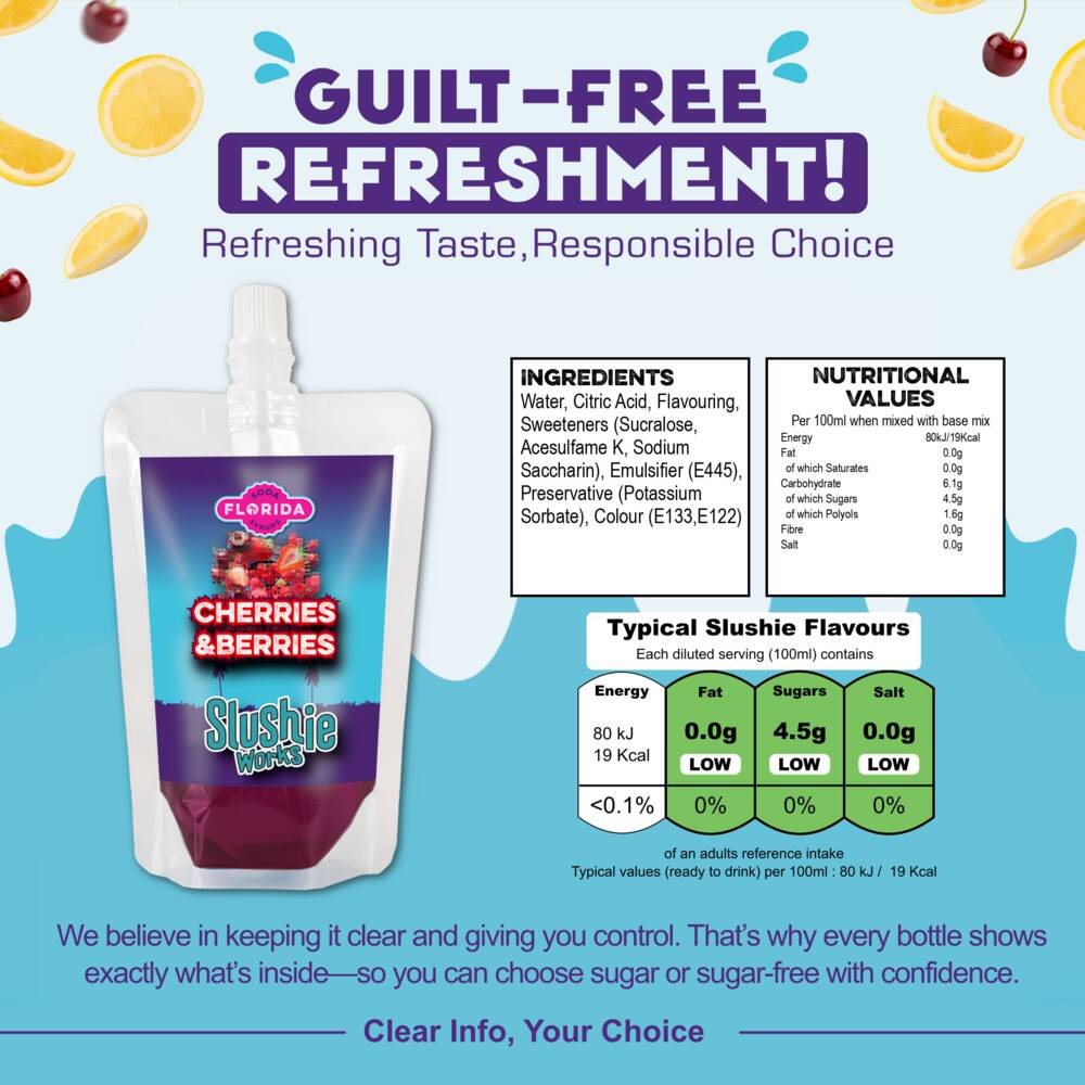Single 100ml pouch of Cherries & Berries Ninja Slushi Syrup to the left, with a Purple colour, on two-tone blue background. With a list of ingredients, nutritional information and daily recommended intakes on the right