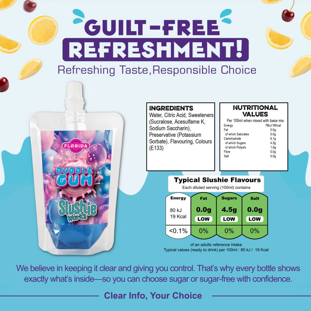 Single 100ml pouch of Bubblegum Ninja Slushi Syrup to the left, with a Blue colour, on two-tone blue background. With a list of ingredients, nutritional information and daily recommended intakes on the right