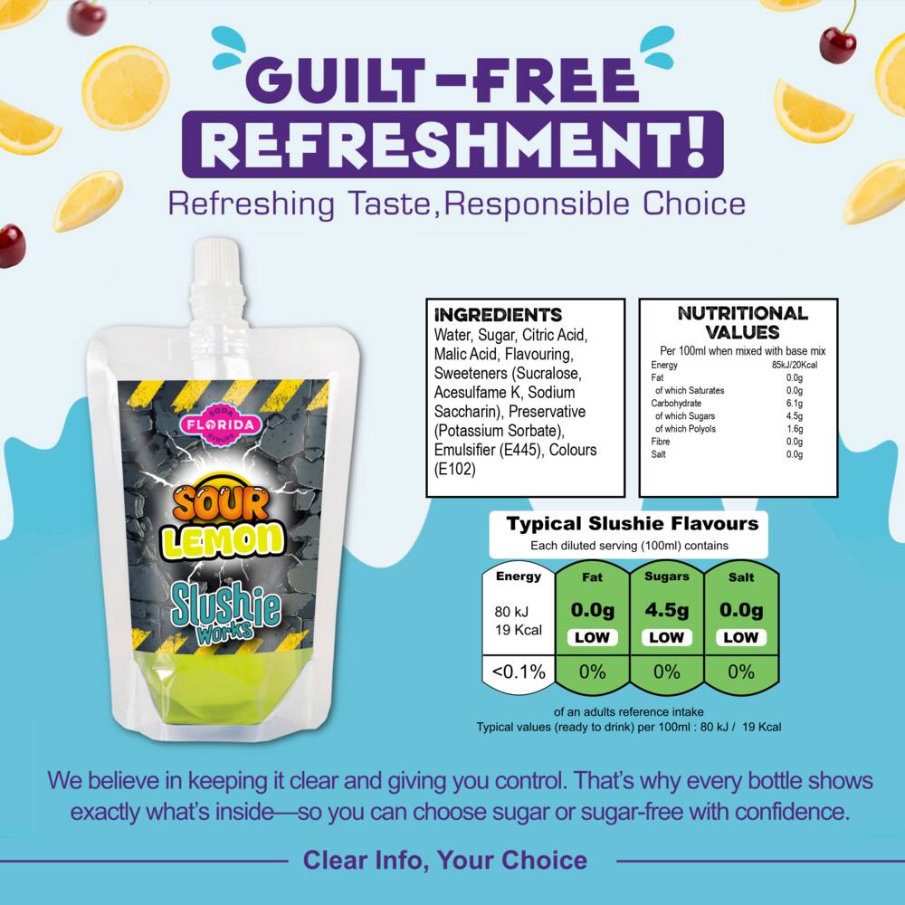 Single 100ml pouch of Lemon Sour Ninja Slushi Syrup to the left, with a Light Purple colour, on two-tone blue background. With a list of ingredients, nutritional information and daily recommended intakes on the right