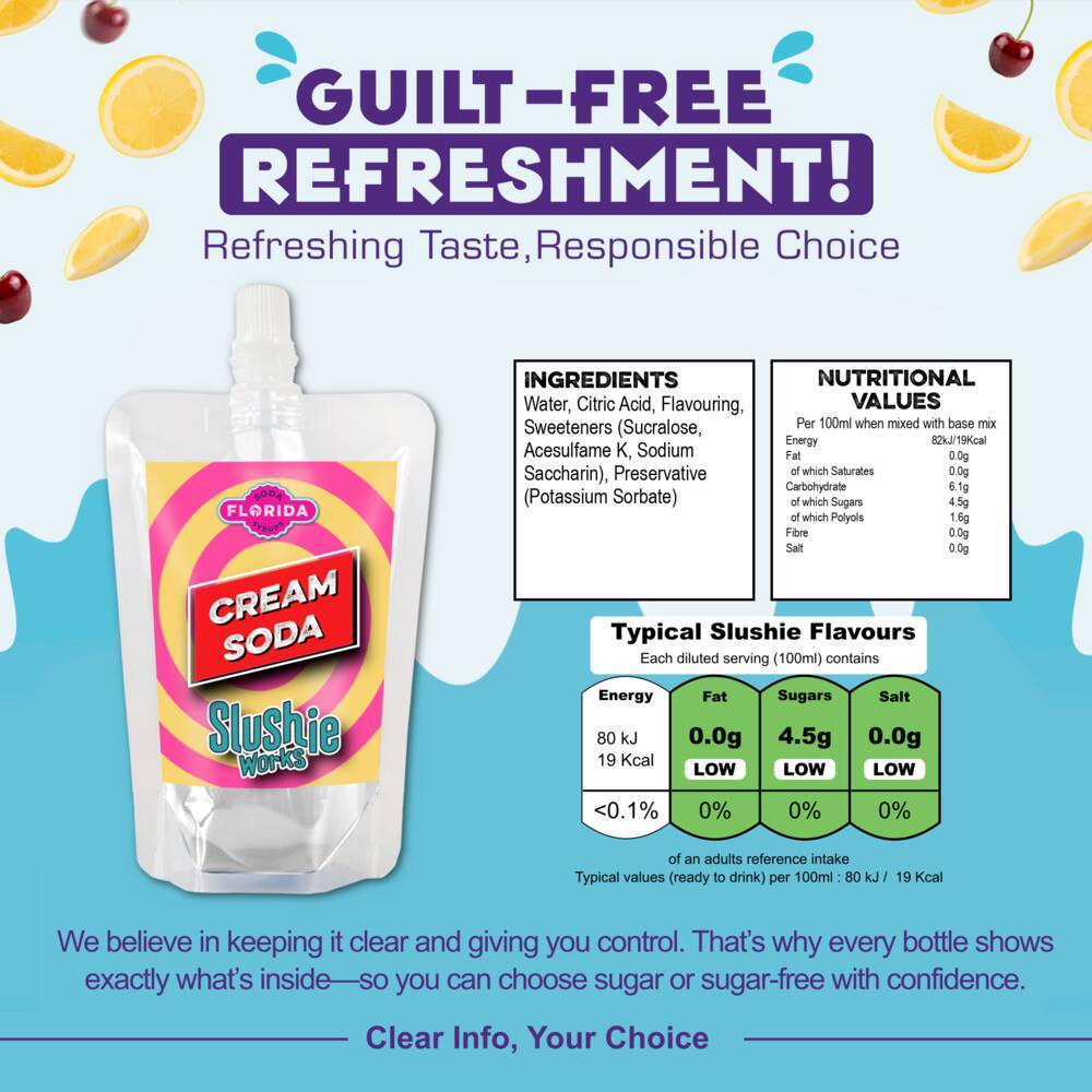 Single 100ml pouch of Cream Soda Ninja Slushi Syrup to the left, with a Translucent colour, on two-tone blue background. With a list of ingredients, nutritional information and daily recommended intakes on the right