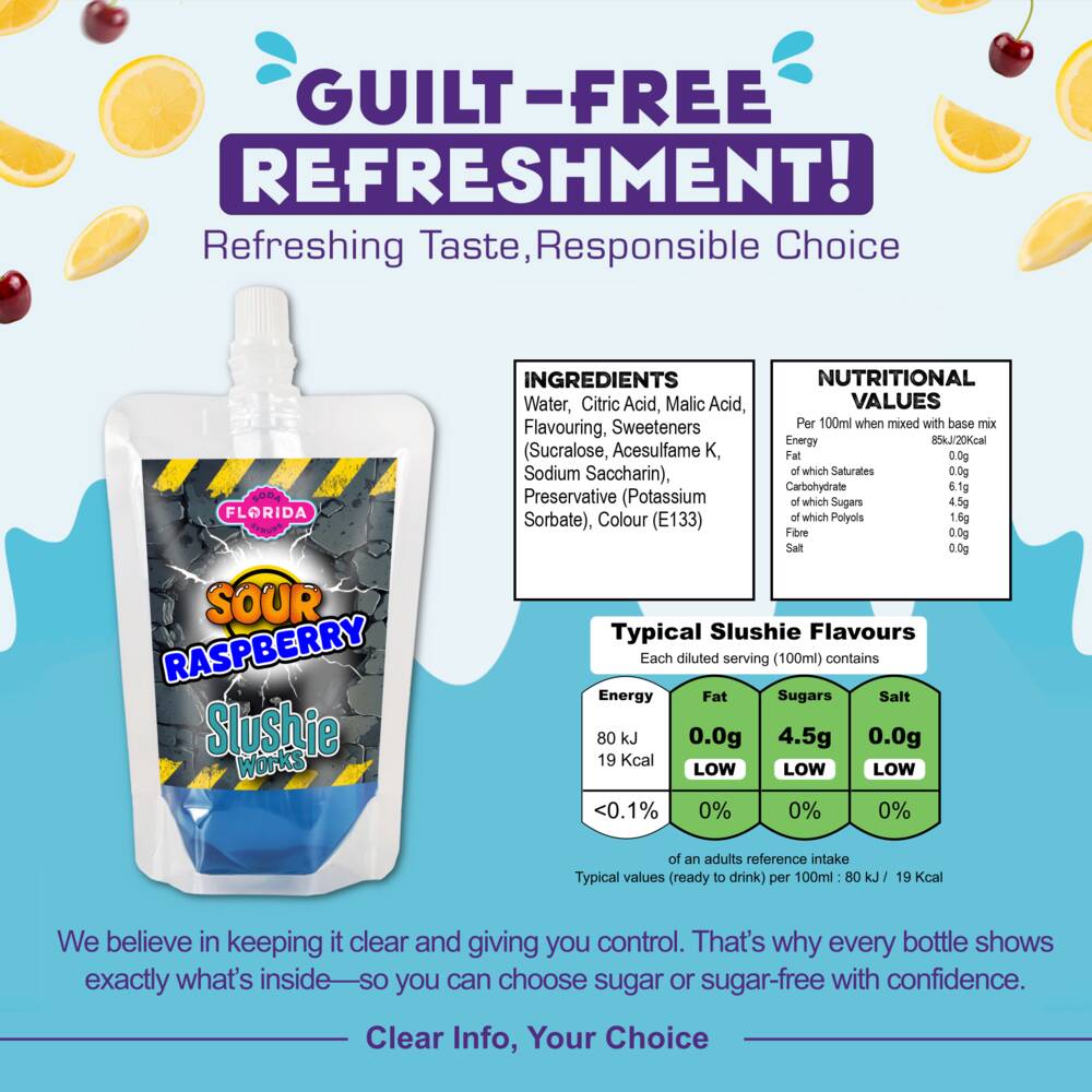 Single 100ml pouch of Blue Raspberry Sour Ninja Slushi Syrup to the left, with a Blue colour, on two-tone blue background. With a list of ingredients, nutritional information and daily recommended intakes on the right