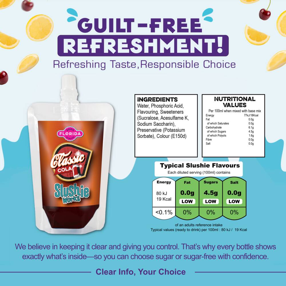 Single 100ml pouch of Cola Ninja Slushi Syrup to the left, with a Brown colour, on two-tone blue background. With a list of ingredients, nutritional information and daily recommended intakes on the right