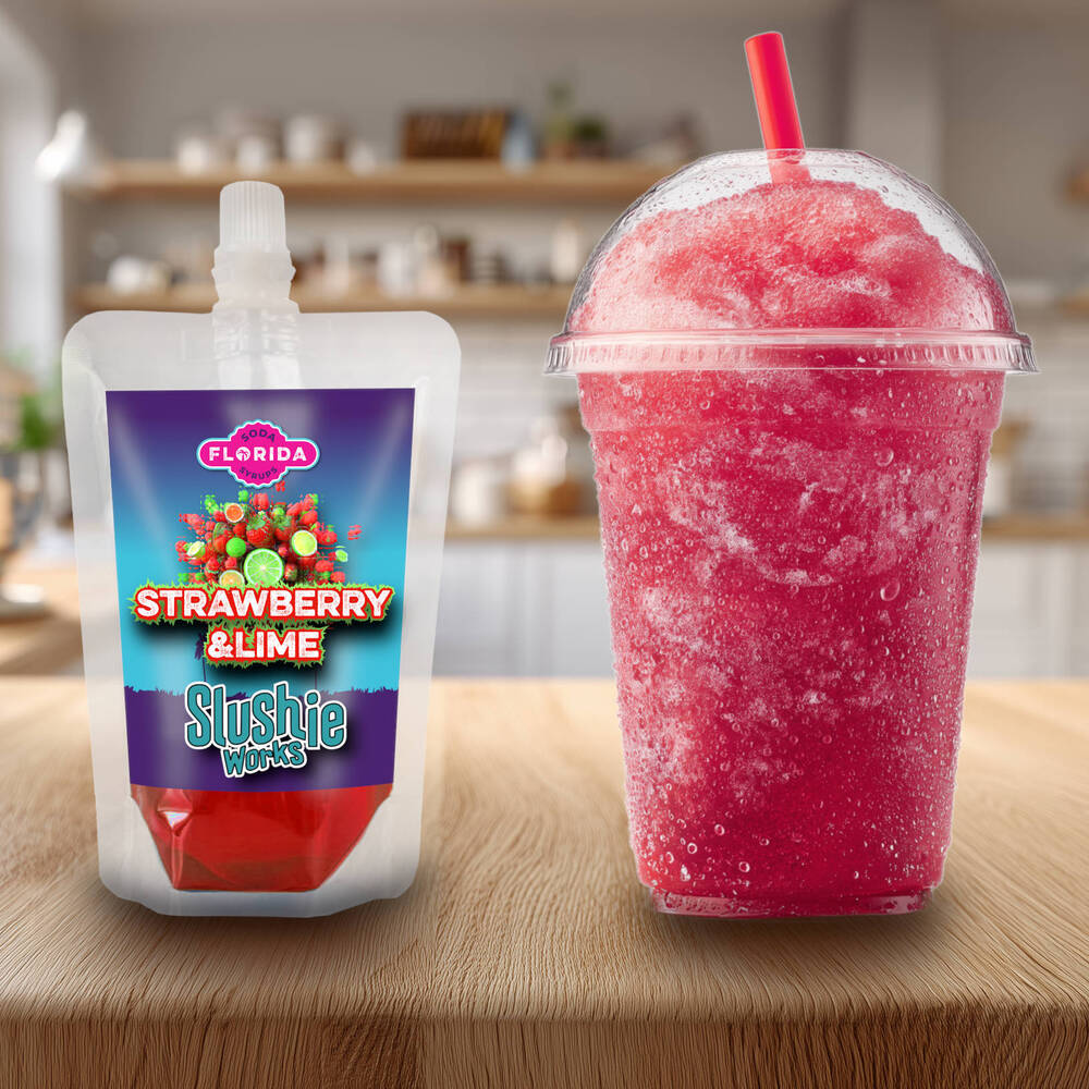 Strawberry & Lime Flavour Ninja Slushi Slush Pack on the left with a blue slush drink on the right