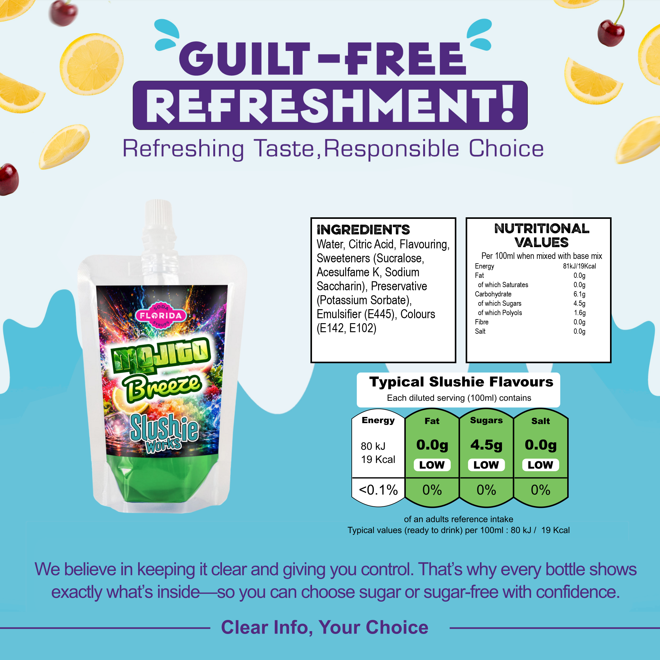Single 100ml pouch of Mojito Breeze Ninja Slushi Syrup to the left, with a Brown colour, on two-tone blue background. With a list of ingredients, nutritional information and daily recommended intakes on the right