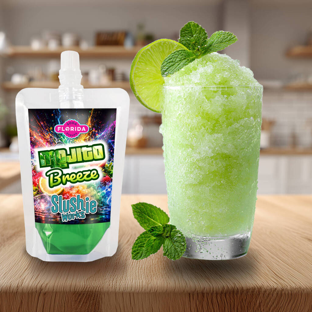 Mojito Breeze Flavour Ninja Slushi Slush Pack on the left with a Mojito Cocktail drink on the right
