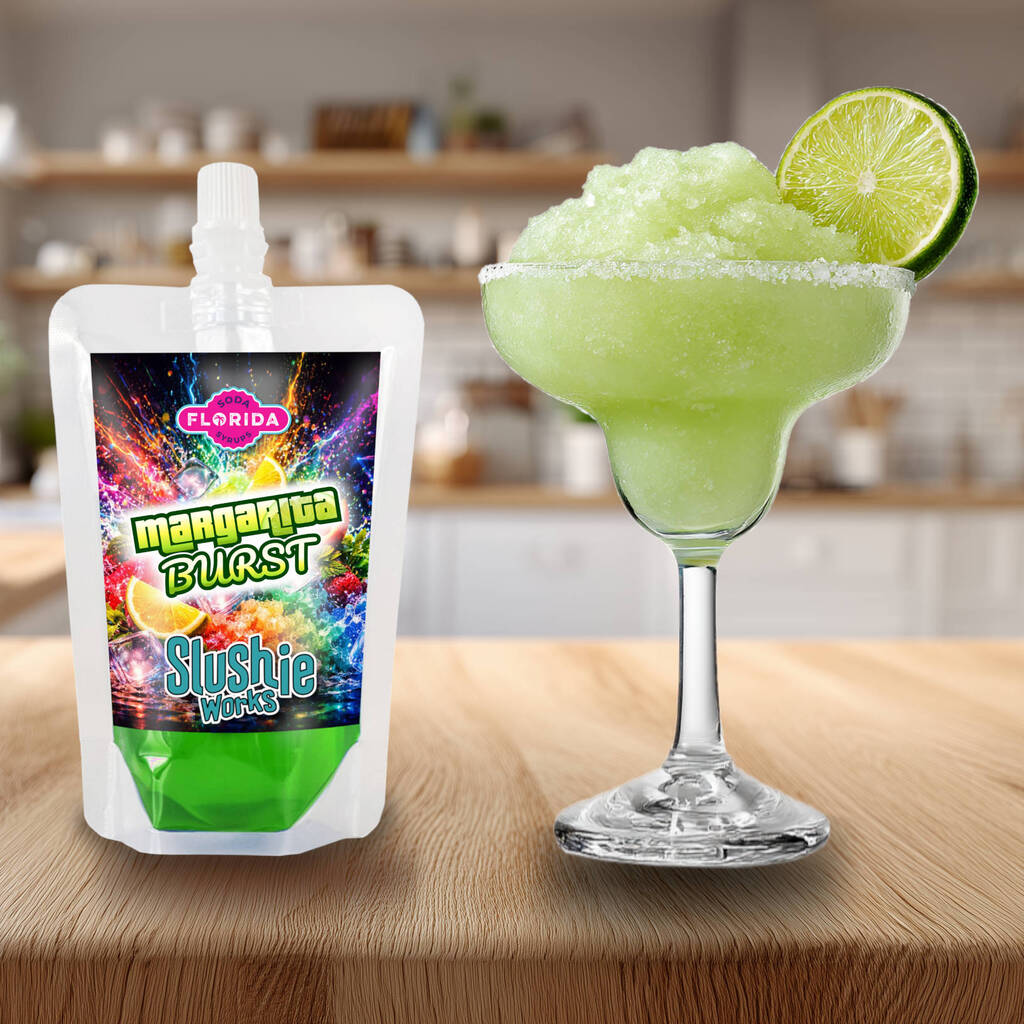 Margarita Burst Flavour Ninja Slushi Slush Pack on the left with a Margarita Cocktail drink on the right