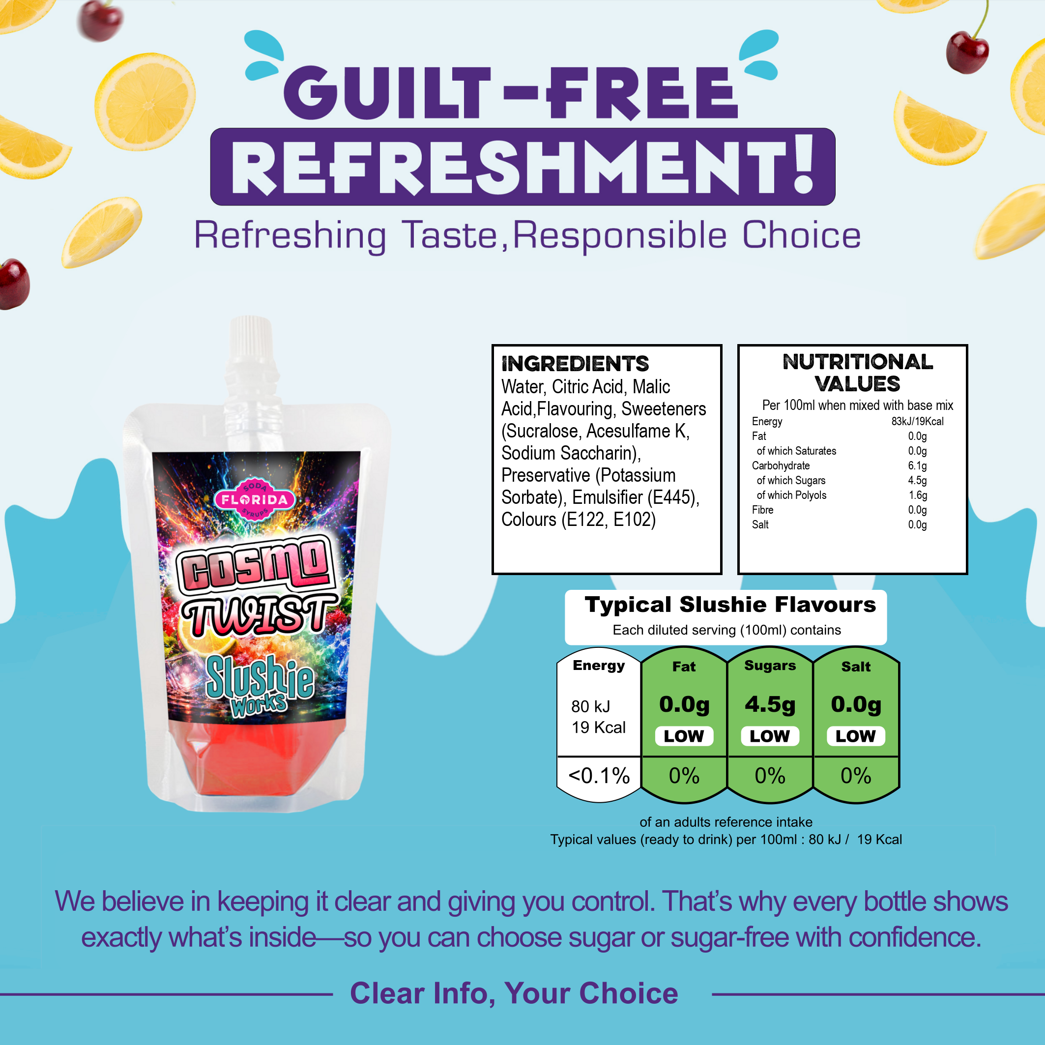 Single 100ml pouch of Slushberry Daiquiri Ninja Slushi Syrup to the left, with a Brown colour, on two-tone blue background. With a list of ingredients, nutritional information and daily recommended intakes on the right
