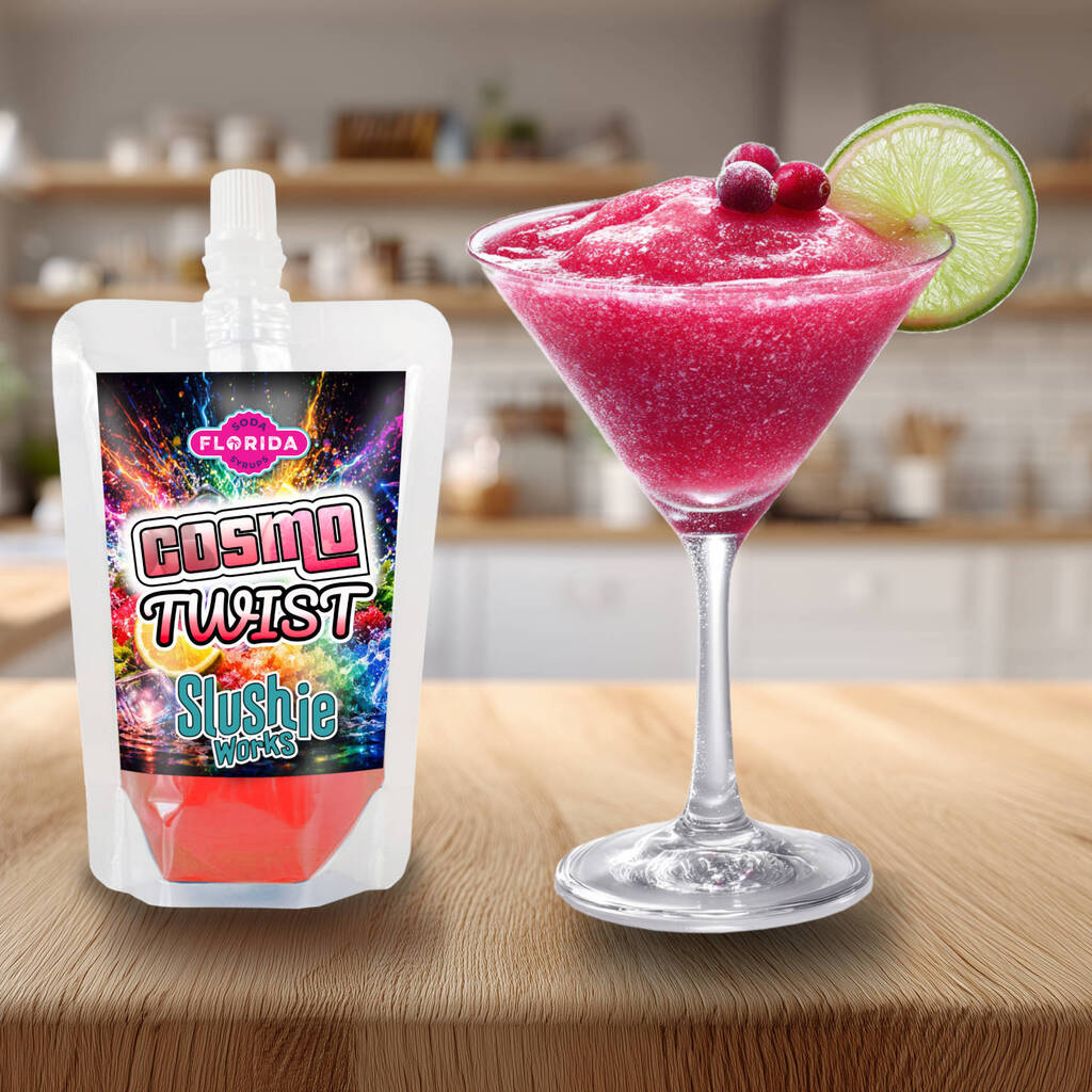 Cosmo Twist Flavour Ninja Slushi Slush Pack on the left with a Cosmopolitan Cocktail drink on the right
