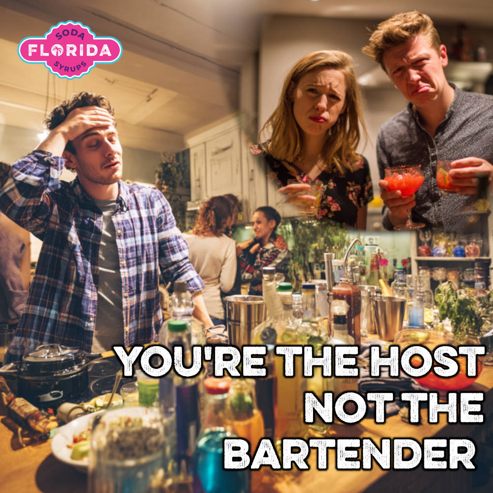 A man trying to make coktails whilst hosting a party, unhappy guests in the background and the words "YOU'RE THE HOST NOT THE BARTENDER" - subtext is use a Ninja Slushi MAchine