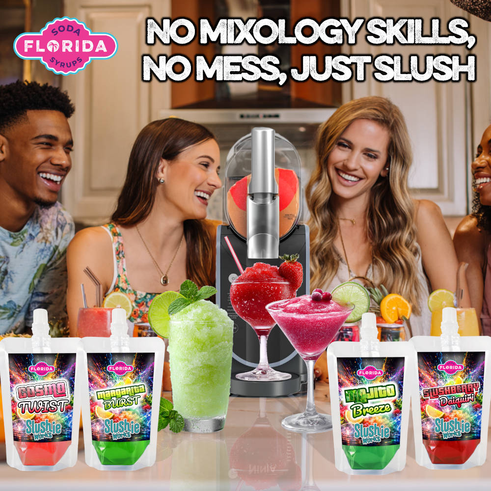 Group of happy adults at a party enjoying cocktails made with a Ninja Slushie Machine. Text at the top says ‘NO MIXOLOGY SKILLS, NO MESS JSUT SLUSH’. A Cosmopolitan, Mojito, Margarita and Strawberry Daiquiri cocktails are ready to drink and Florida Syrups Ninja Slushie Pouches are displayed in the foreground