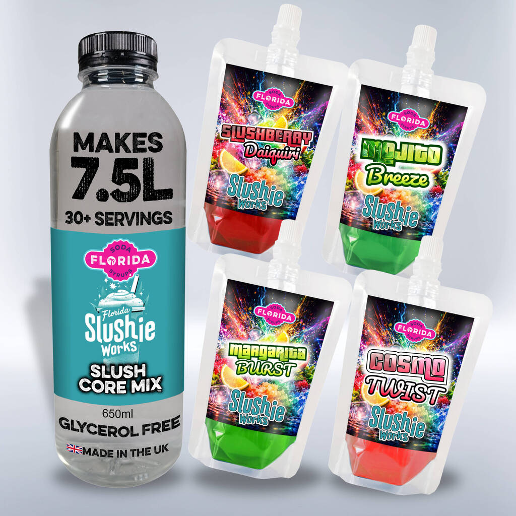 1 Large 650ml Bottle and 4 100ml colourful pouches of Ninja Slushie Retro Soda Shop Slush Flavours, Cosmopolitan, Mojito, Margarita and Strawberry Daiquiri